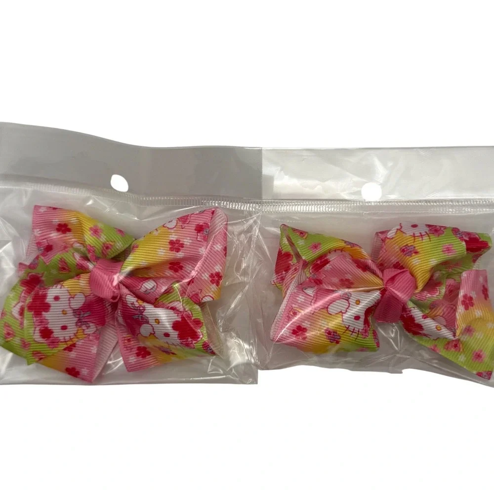 Hello Kitty Hair Bows Set Cute Pink Green Yellow Floral Ribbon Clips Kids‎